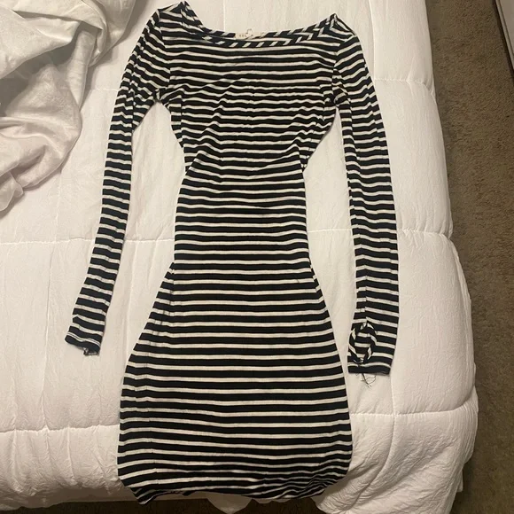 tight black and white striped dress Black&White 1970s Striped Ruched Spaghetti Strap Dress